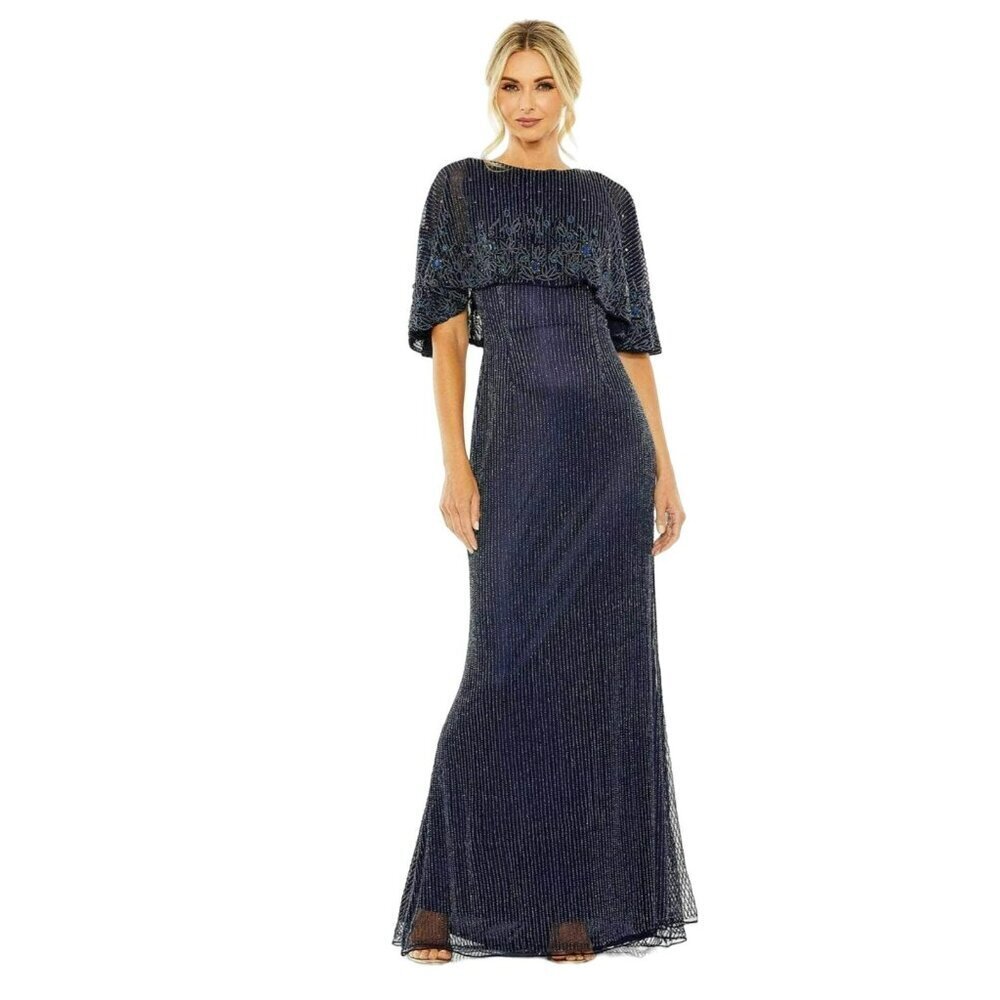 Mac Duggal $698 Sequin Beaded Cape Formal Maxi Gown Column Dress Size 6 NWT